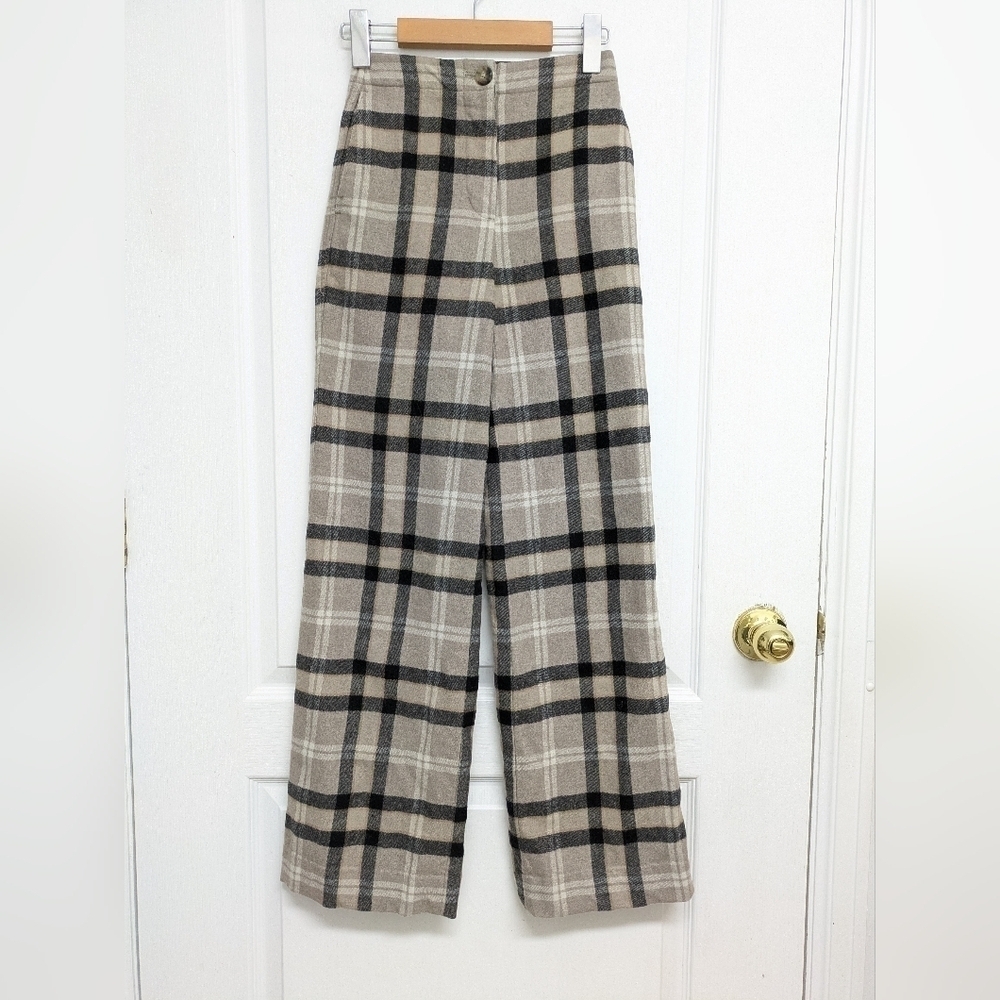 Aritzia Wilfred Madelon women's neutral plaid wool wide legs pants size 00 - Picture 2 of 10
